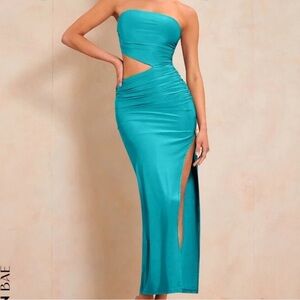 Teal cut out and high slit dress